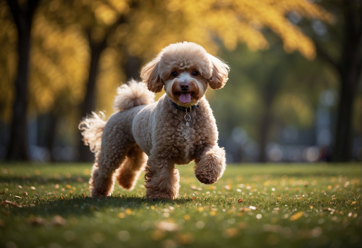 A variety of poodle breeds in different sizes and colors, with distinct curly fur, playing in a park setting