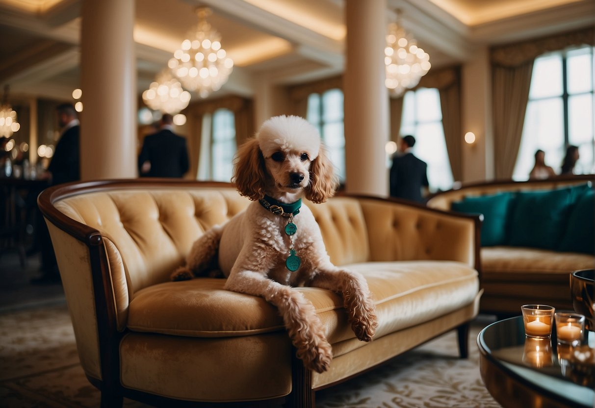 A poodle lounges in a posh society setting, surrounded by elegant decor and well-dressed patrons