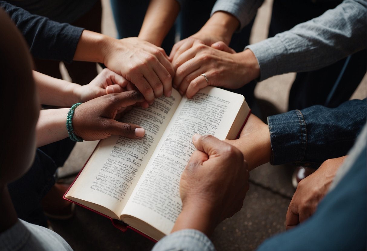 A group of people gather in a circle, holding hands and comforting each other. Surrounding them are open Bibles with verses about love and remembrance of loved ones