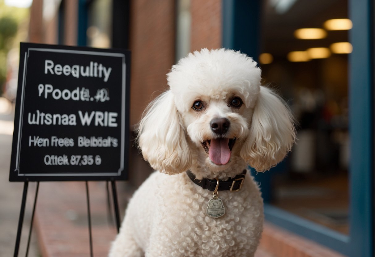 A fluffy white poodle stands in front of a sign that reads "Frequently Asked Questions: Where is the poodle from?"