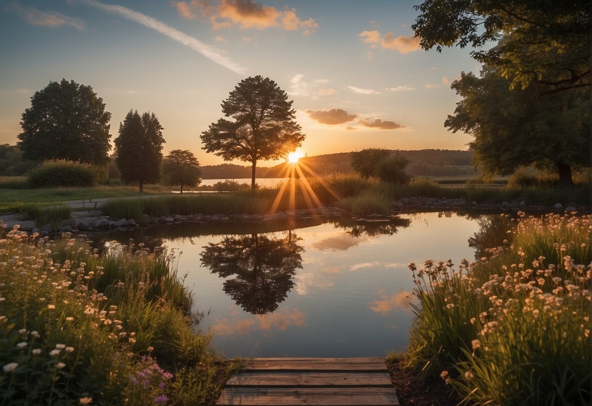 Sunset over a tranquil lake, with a lone tree standing tall. A pathway leads to a memorial garden adorned with flowers and inscribed with bible verses about remembrance