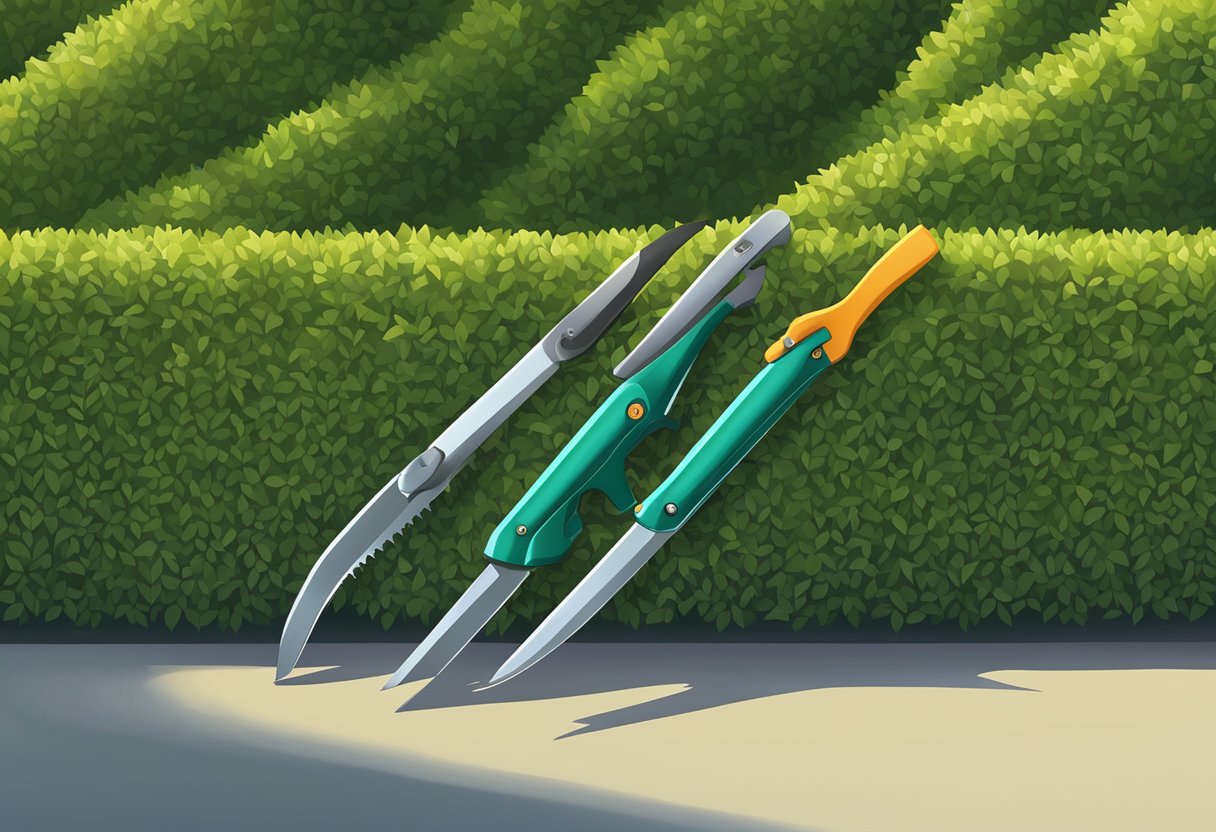 A pair of hedge clippers trims a neatly shaped hedge in the early morning light