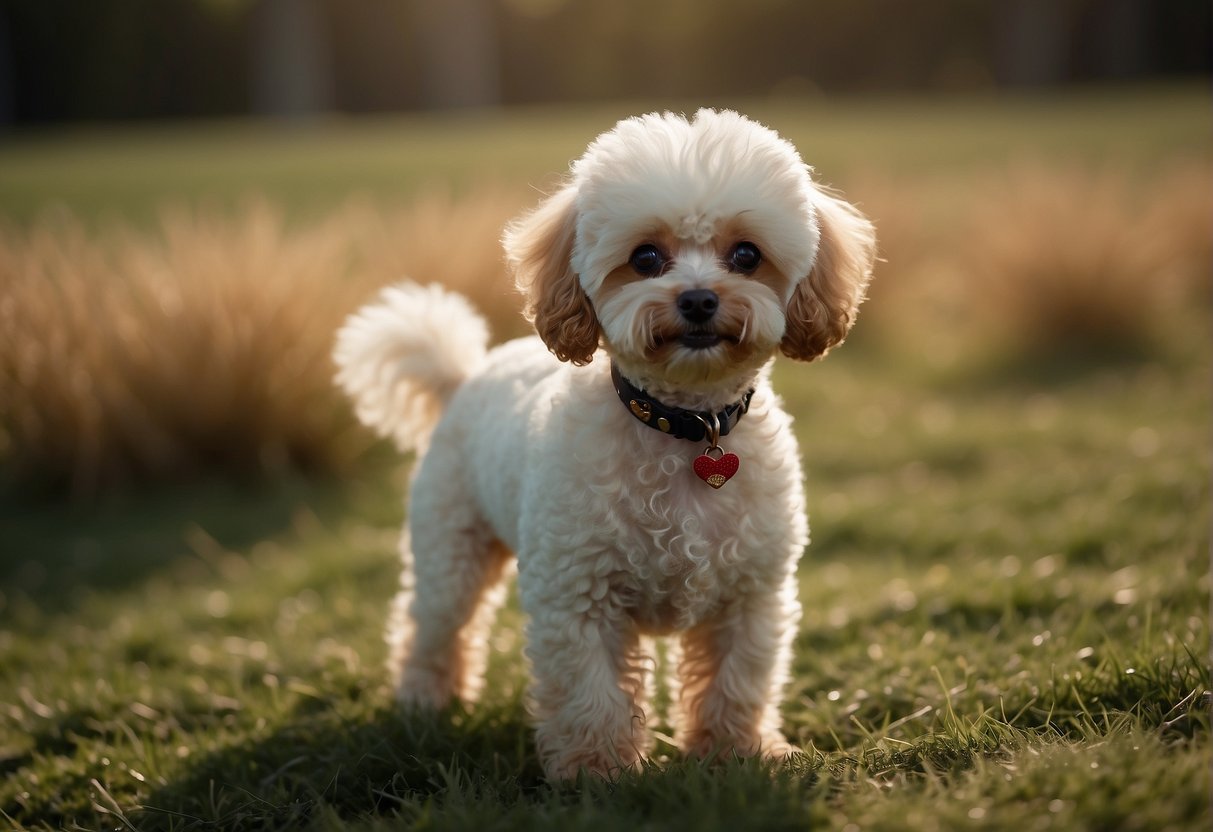 A small toy poodle standing on a grassy field, with its fluffy coat blowing in the wind