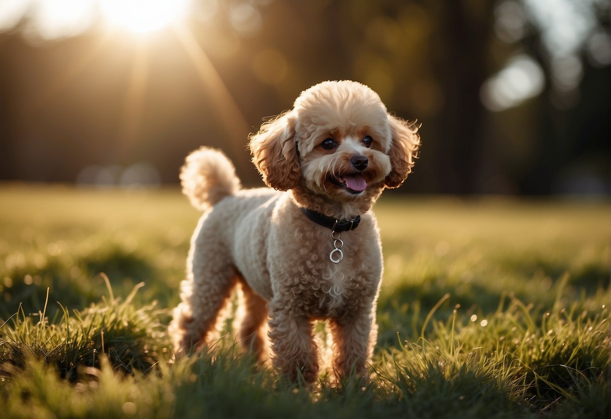 A small, fluffy toy poodle stands on a grassy meadow, its curly fur blowing in the breeze. The sun shines down, casting a warm glow on the playful dog