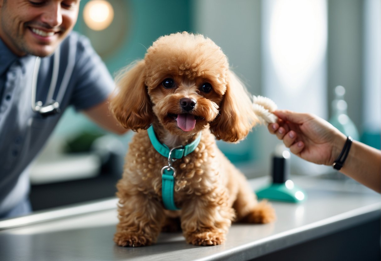 A small toy poodle being groomed and cared for by a professional groomer in a bright, clean salon setting