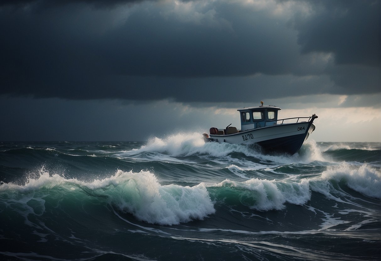 A stormy sea with a small boat struggling against the waves, symbolizing the trials and tribulations mentioned in the Bible verses
