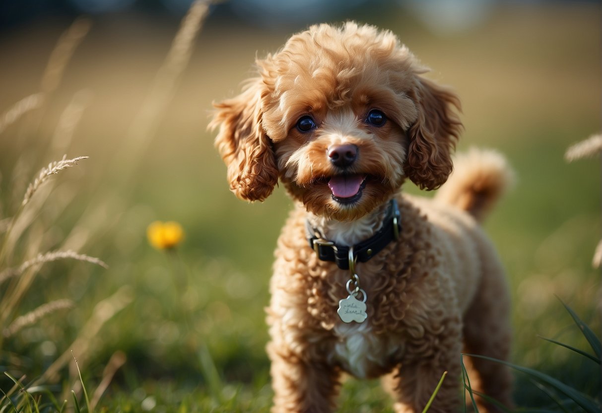 A small toy poodle standing on a grassy field, looking up with a curious expression