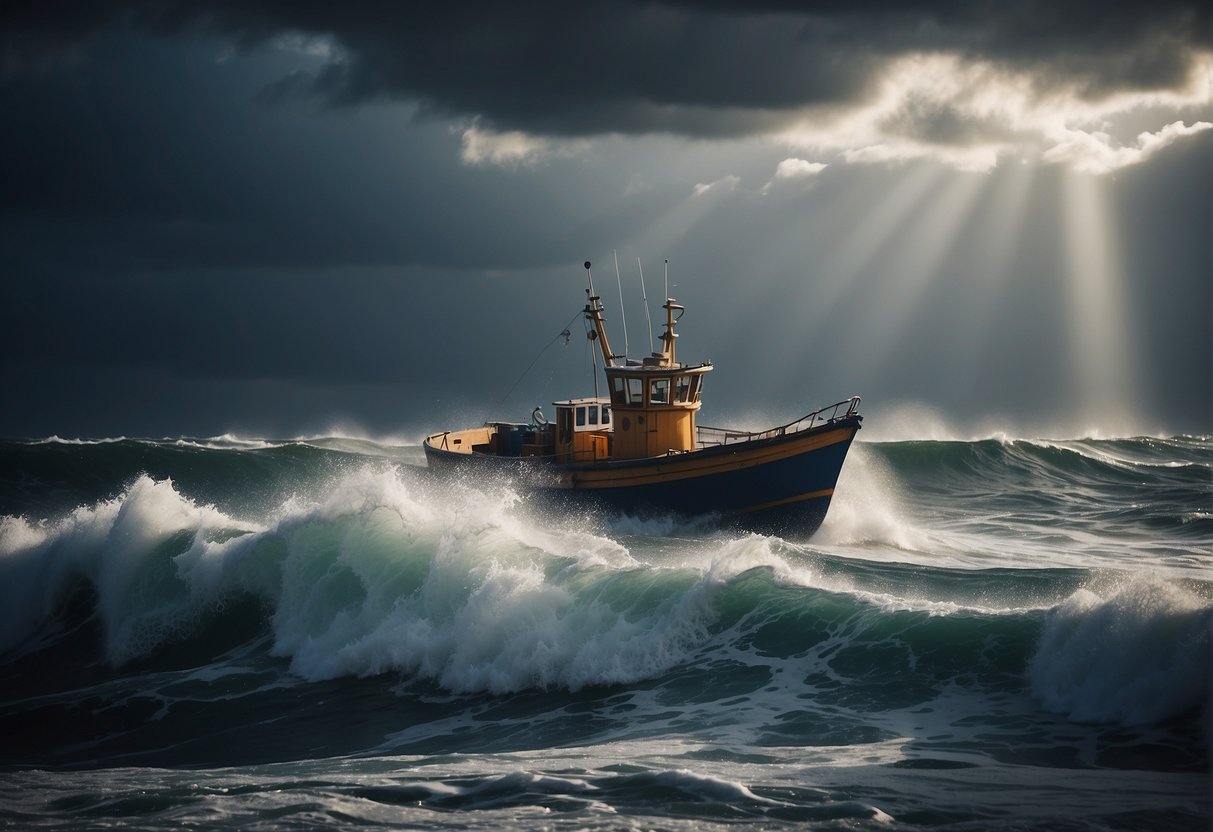 A stormy sea with a small boat struggling against powerful waves, while a beam of light breaks through the clouds above