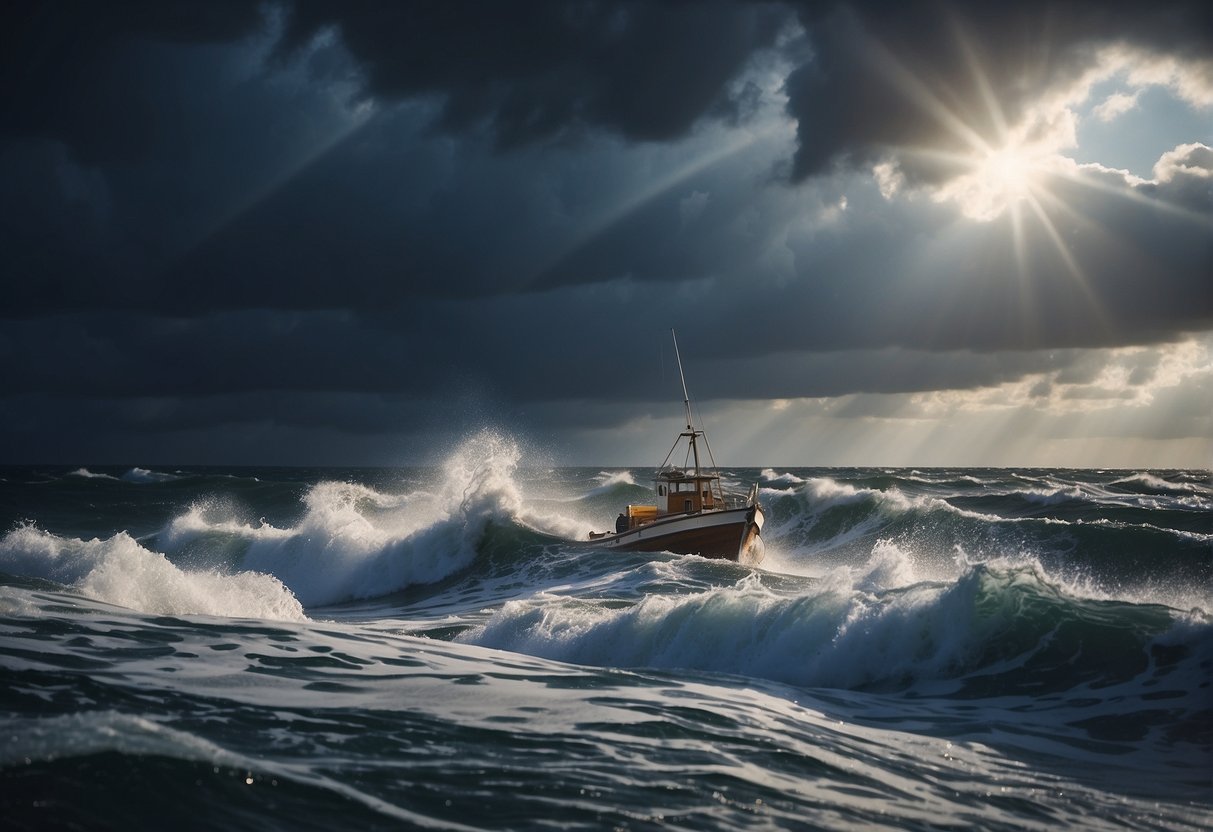 A stormy sea with a small boat struggling against the waves, while a beam of light breaks through the clouds above