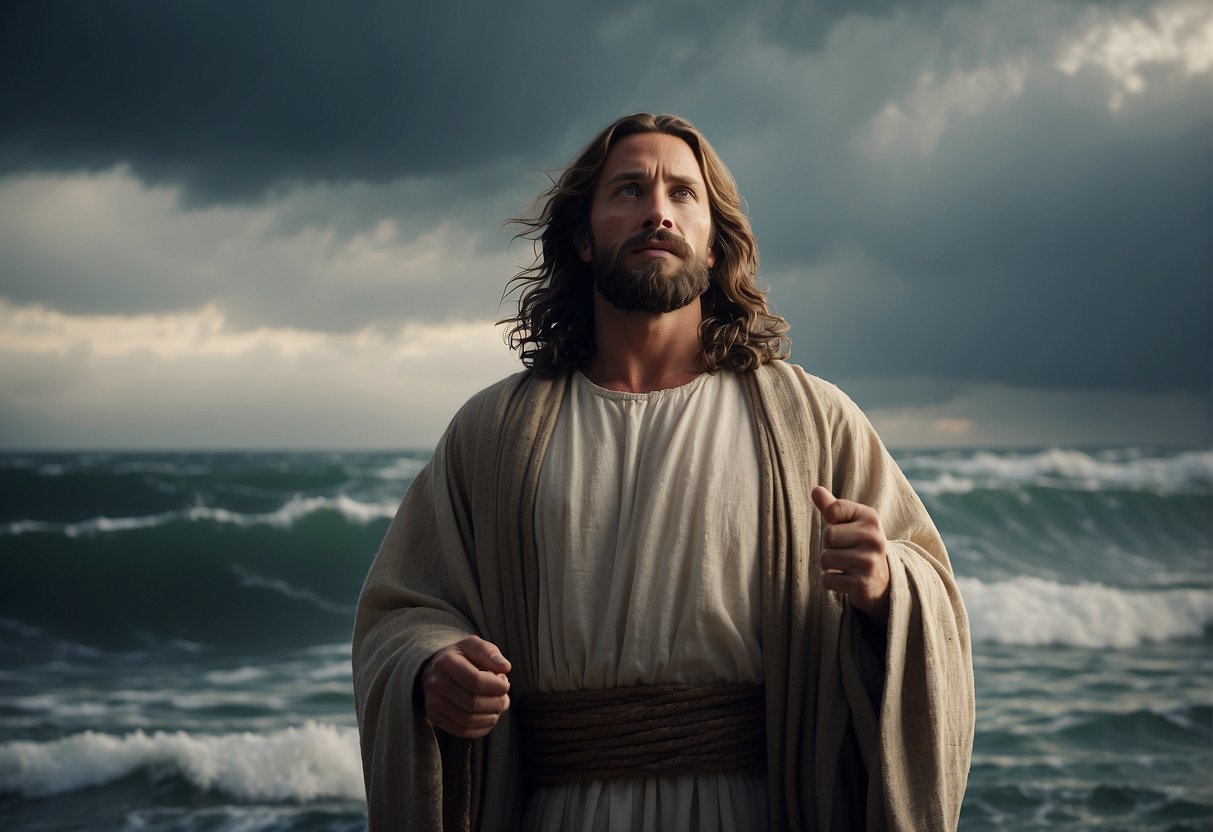 Jesus stands strong amidst stormy seas, a beacon of hope and faith. His unwavering presence brings peace to those facing trials and tribulations