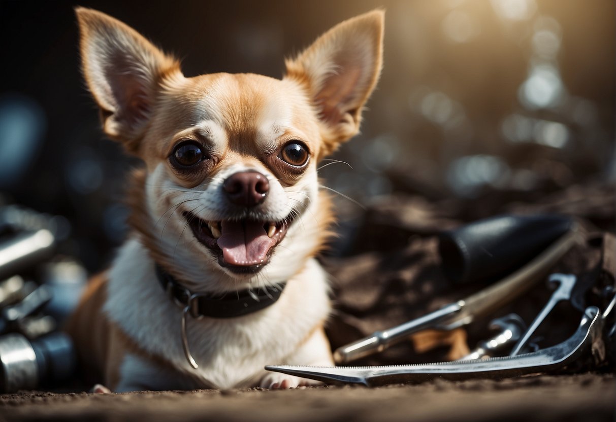 Chihuahua with missing teeth, surrounded by fallen teeth and dental tools