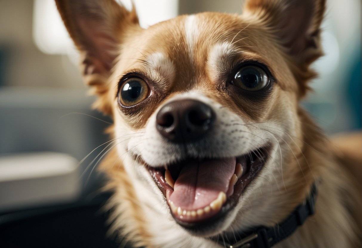 A chihuahua with missing teeth, receiving oral care from a veterinarian