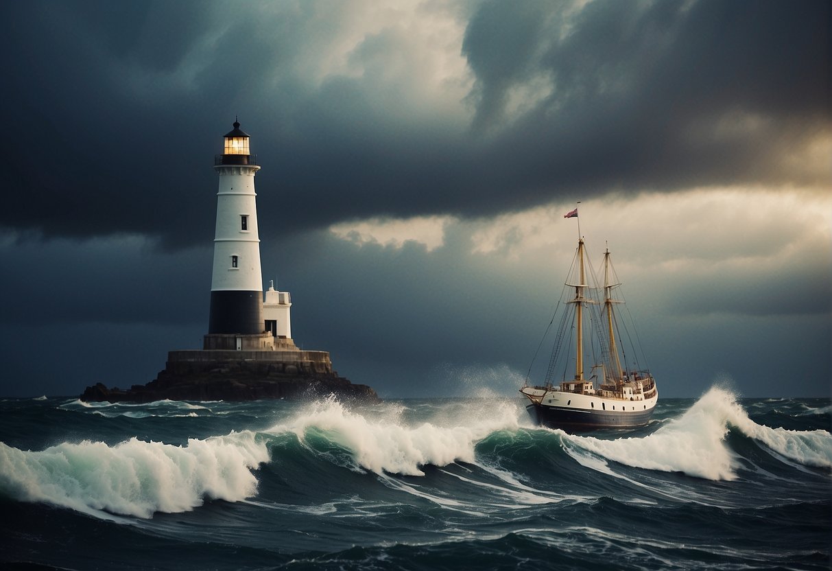 A stormy sea with a ship tossed about, but a lighthouse shines brightly, guiding the vessel through the trials and tribulations