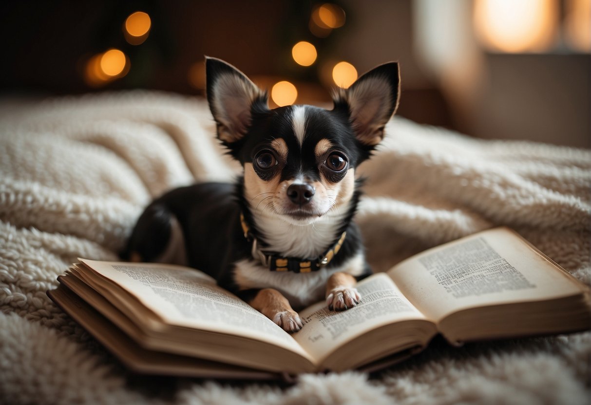 A chihuahua sitting on a cozy blanket, surrounded by tiny fallen teeth. An open book with "Frequently Asked Questions" is nearby