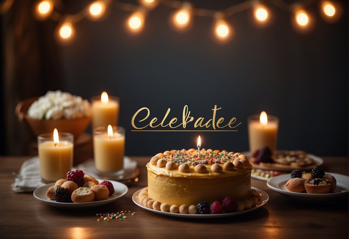 A table set with a feast, surrounded by joyful faces, with a banner reading "Celebrate" and a cake with candles