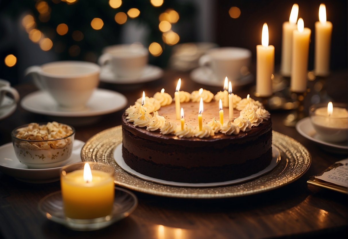 A table set with a cake and candles, surrounded by joyful people reading Bible verses about birthdays