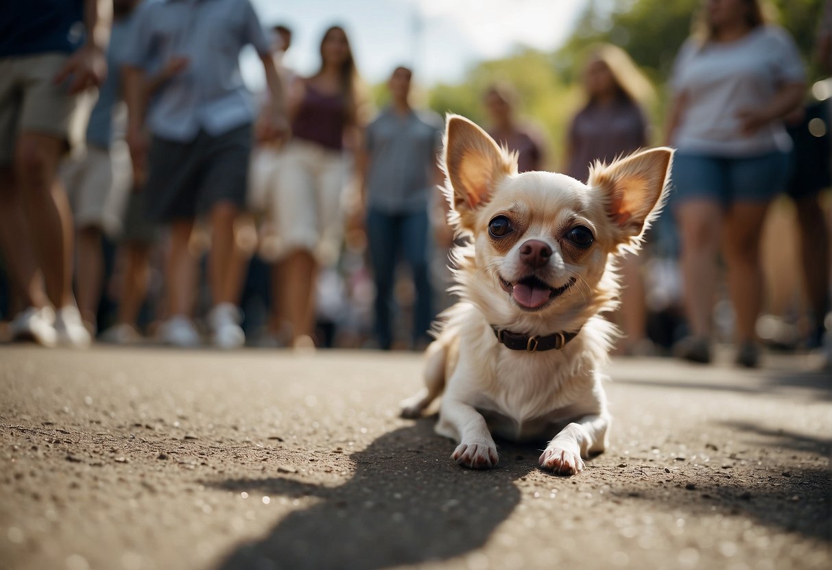 A chihuahua is shaking and convulsing on the ground, its body tense and limbs twitching. It is surrounded by concerned onlookers, unsure of what to do