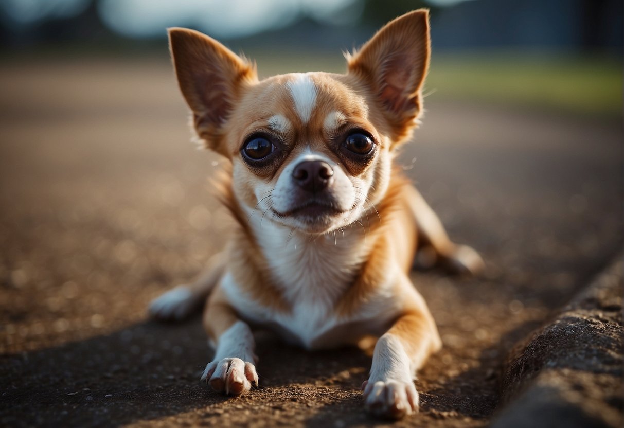 A chihuahua experiencing seizures, with a worried expression, trembling, and falling to the ground