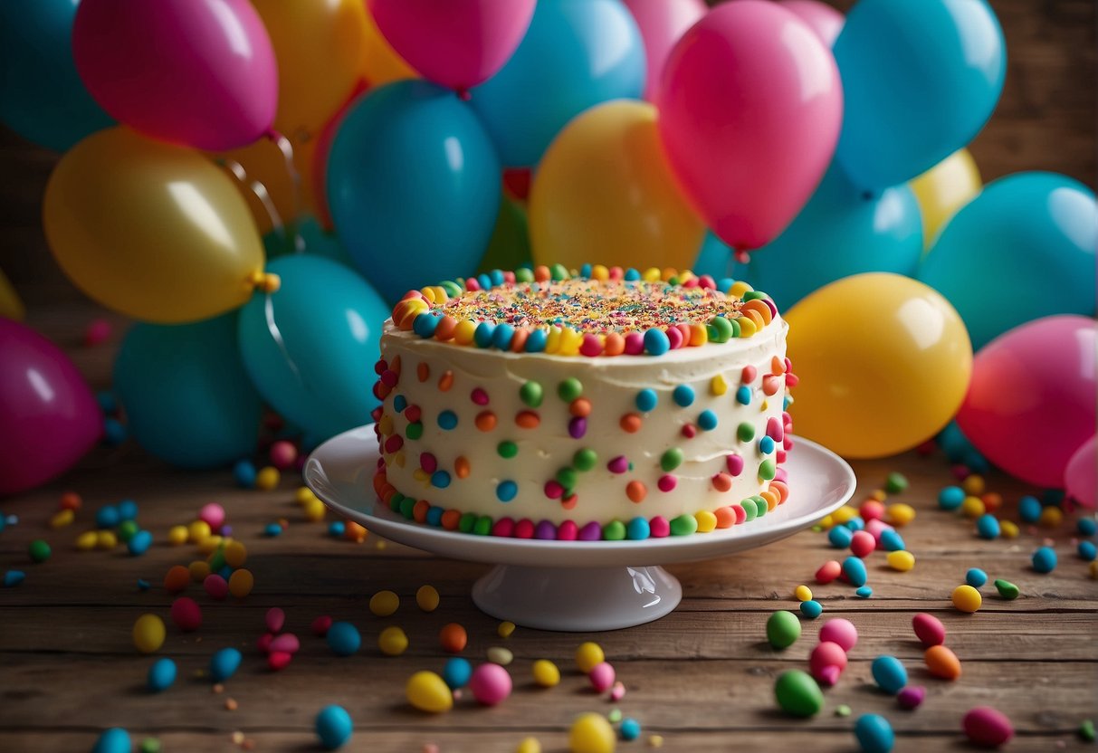 A colorful birthday cake surrounded by balloons and confetti, with a Bible open to joyful and grateful scriptures