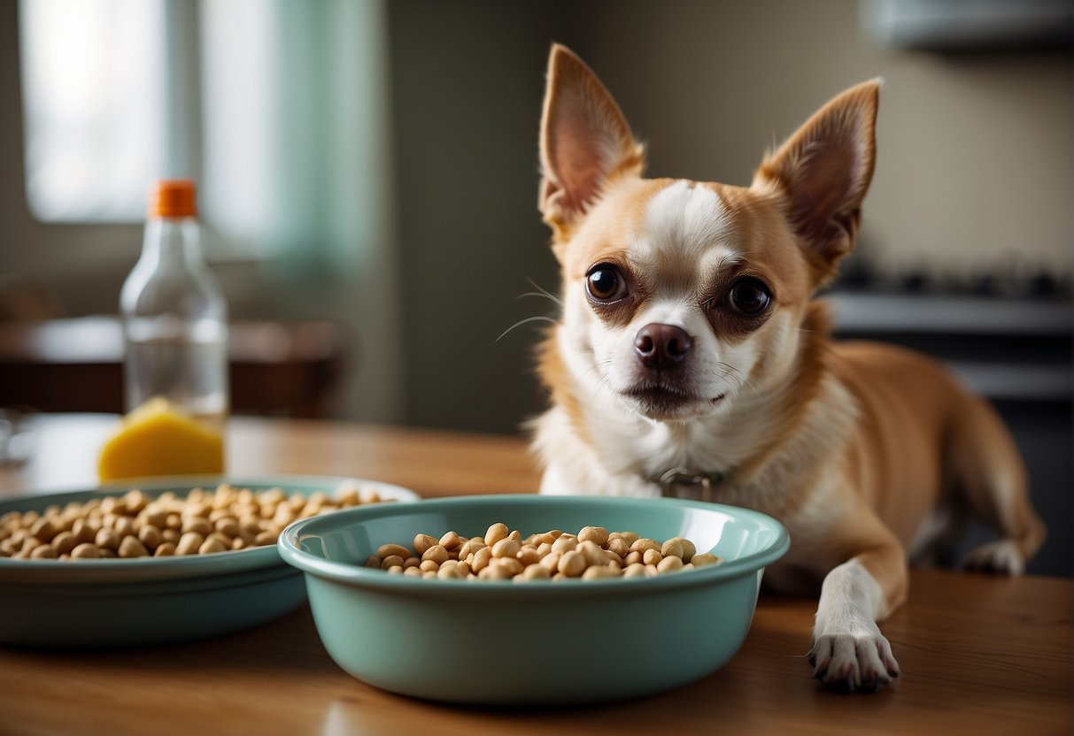A Chihuahua with bad breath, sitting next to a food bowl and water dish, with a concerned owner looking at its mouth