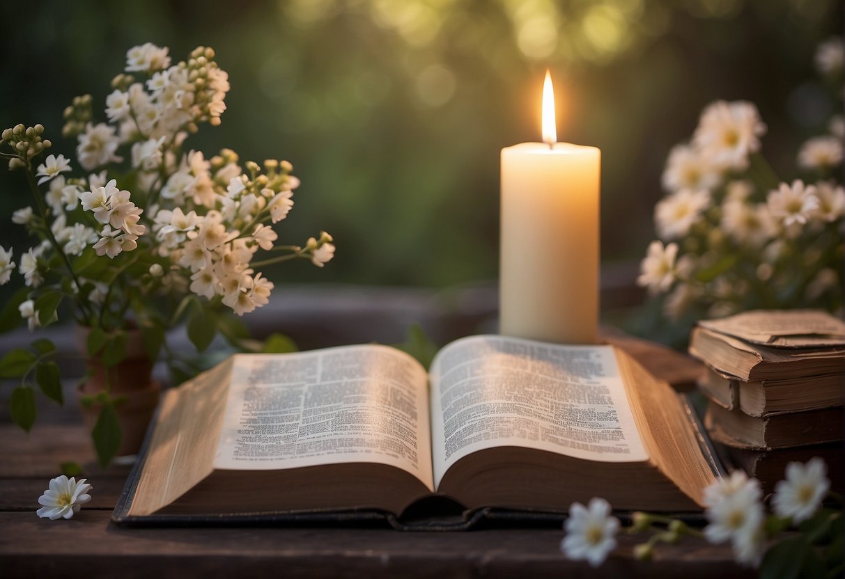 A glowing candle illuminates an open Bible, surrounded by blooming flowers and a peaceful, serene atmosphere, symbolizing faith and spiritual growth on birthdays