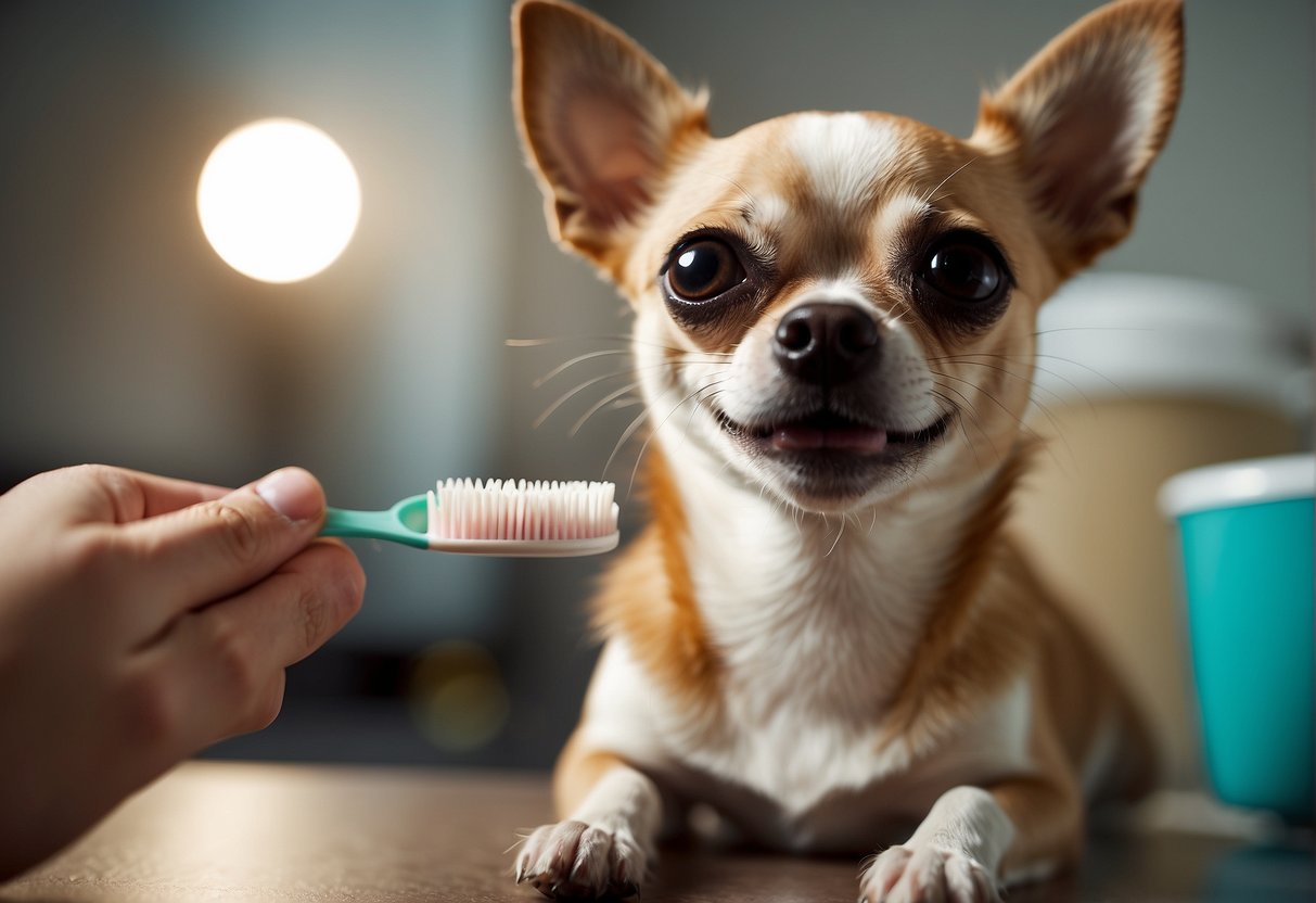 A small chihuahua with a bad breath problem, looking uncomfortable while its owner holds a toothbrush and dental treats