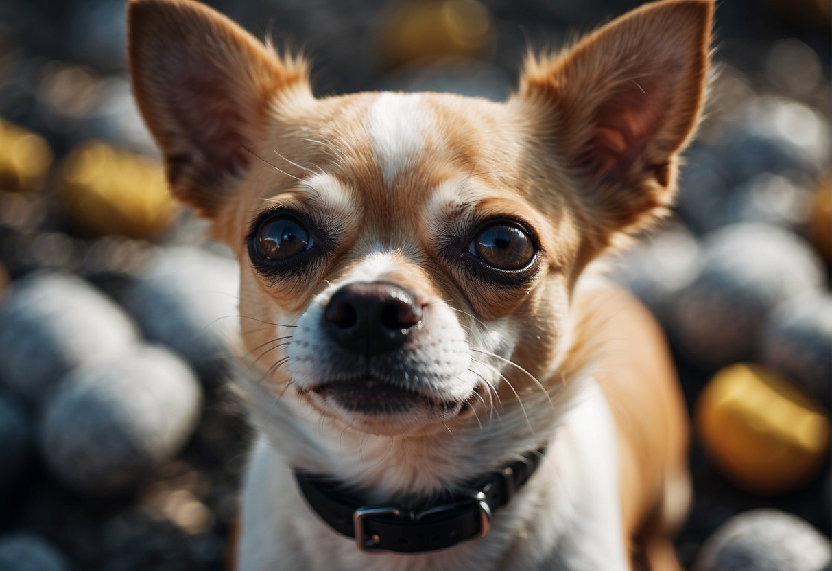 A chihuahua with a pungent breath, surrounded by question marks and a puzzled expression