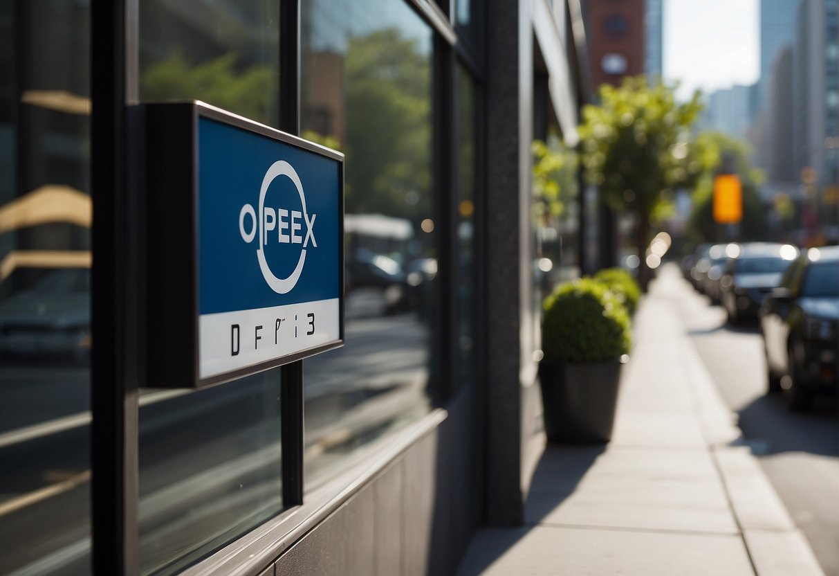A modern office building with "Opex" displayed prominently on a sign. Surrounding businesses and a bustling street scene indicate real estate activity