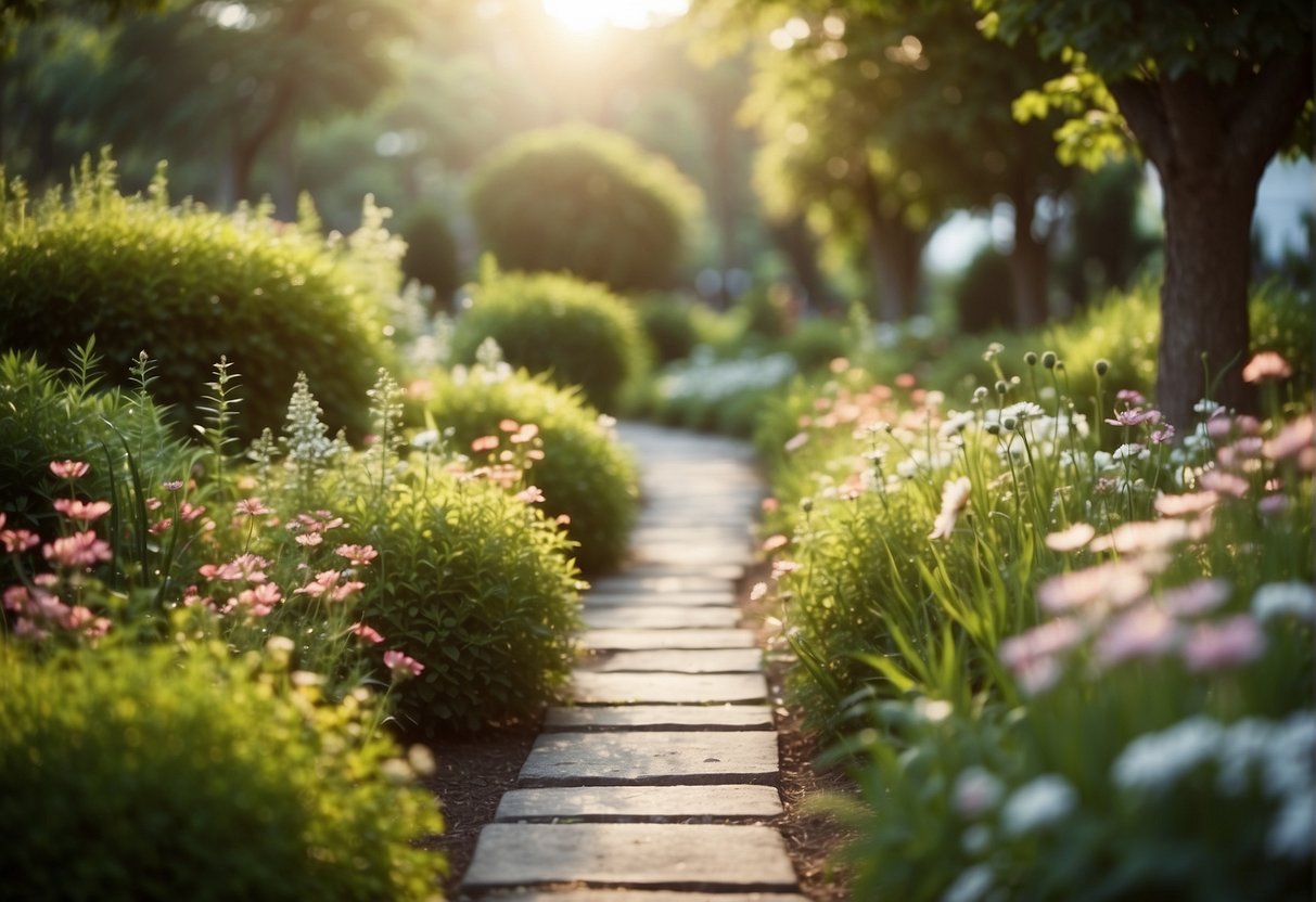 A serene garden with a path for walking or running, surrounded by lush greenery and blooming flowers, with a gentle breeze and warm sunlight