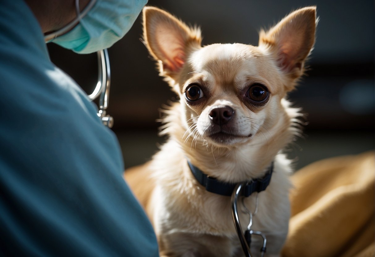 A chihuahua's belly rumbles, causing discomfort. A vet examines the dog, using a stethoscope to listen for digestive issues