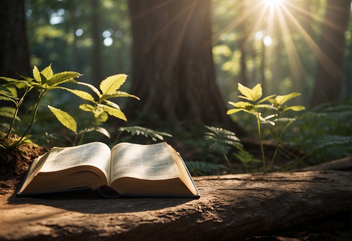 A serene temple surrounded by nature, with rays of sunlight streaming through the trees, and a bible open to verses about exercise