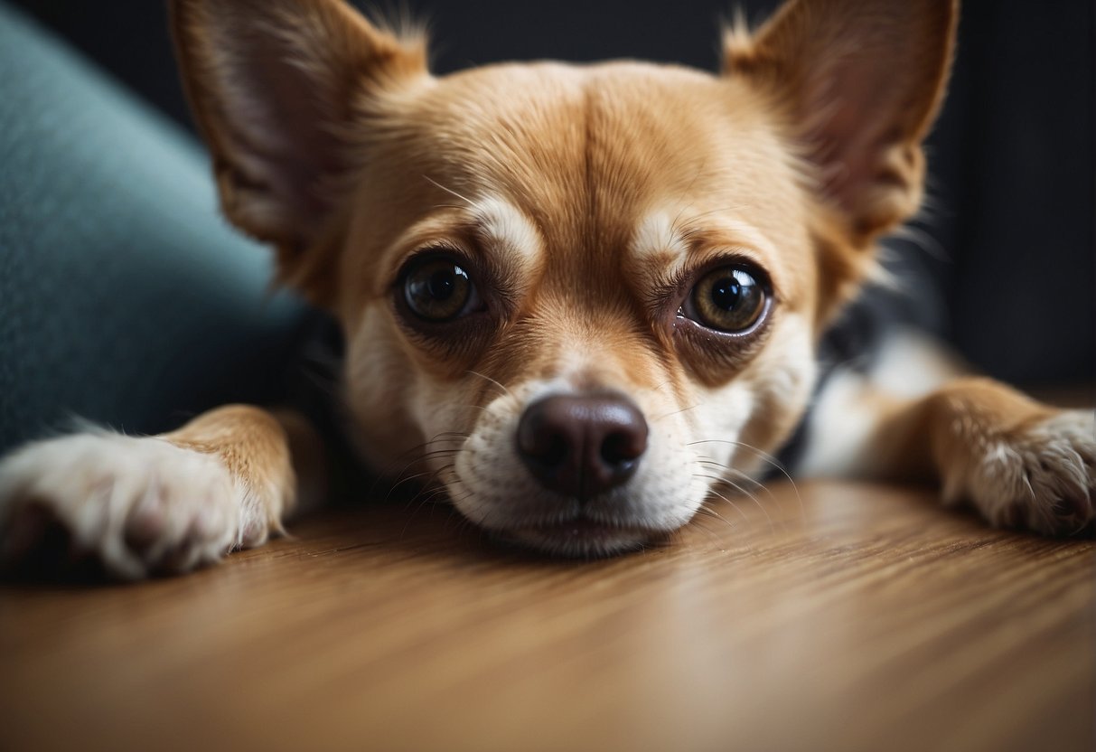 A chihuahua's stomach rumbles, a concerned owner looks on