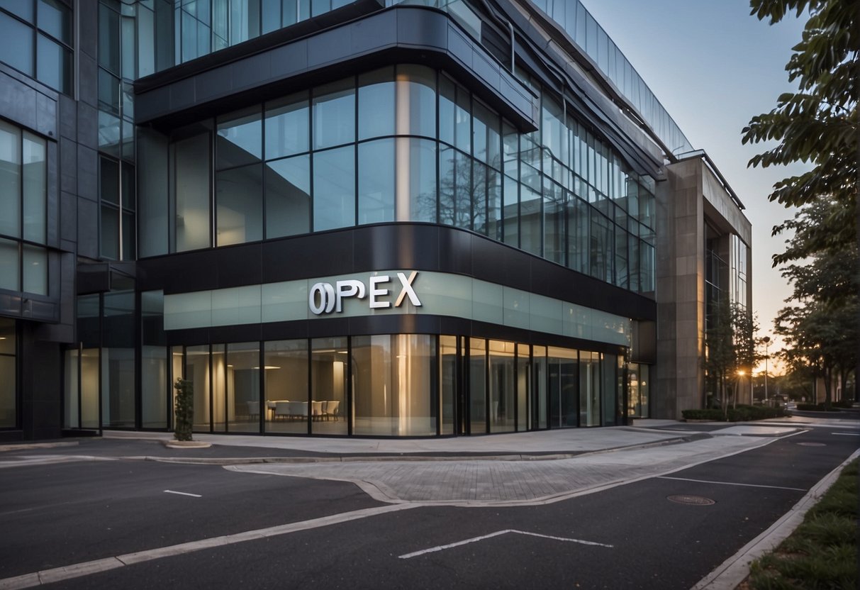 A modern office building with a large "OpEx" sign on the exterior. A chart showing OpEx expenses and profitability in real estate