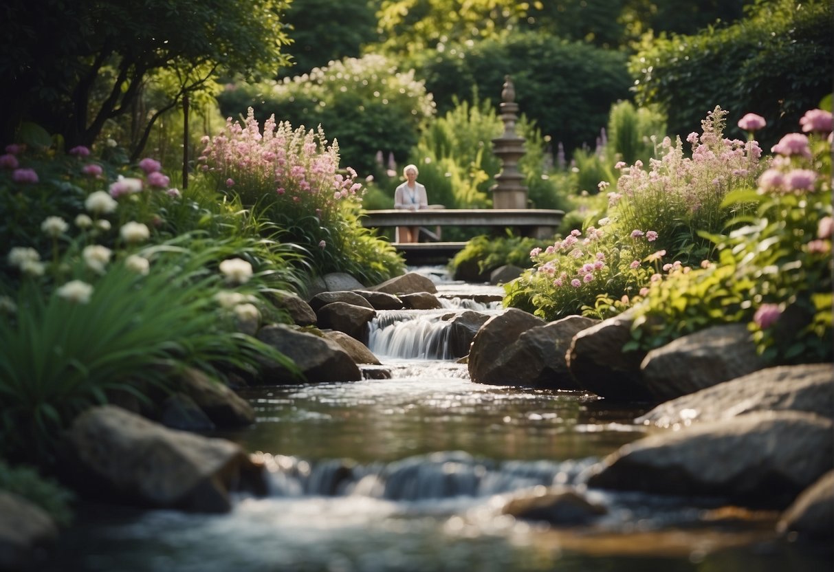 A serene garden with a flowing stream, surrounded by vibrant greenery and blooming flowers, with a figure engaged in exercise and meditation