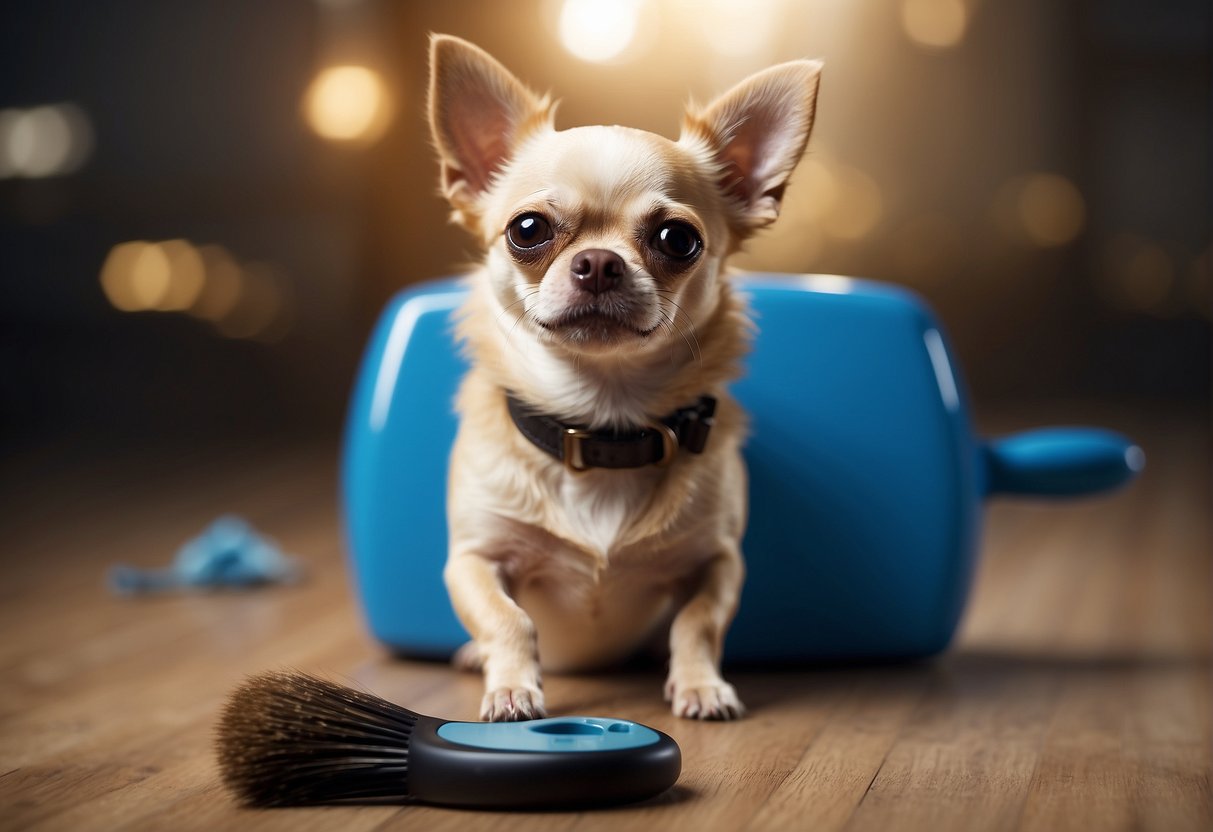 A chihuahua shedding a lot of fur, surrounded by pet hair on the floor and a brush nearby