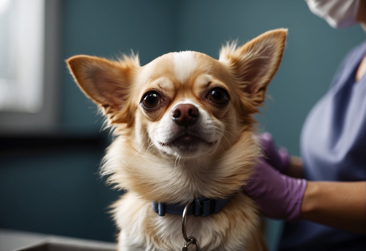 A chihuahua shedding a lot of fur, receiving treatment and grooming from a vet or groomer