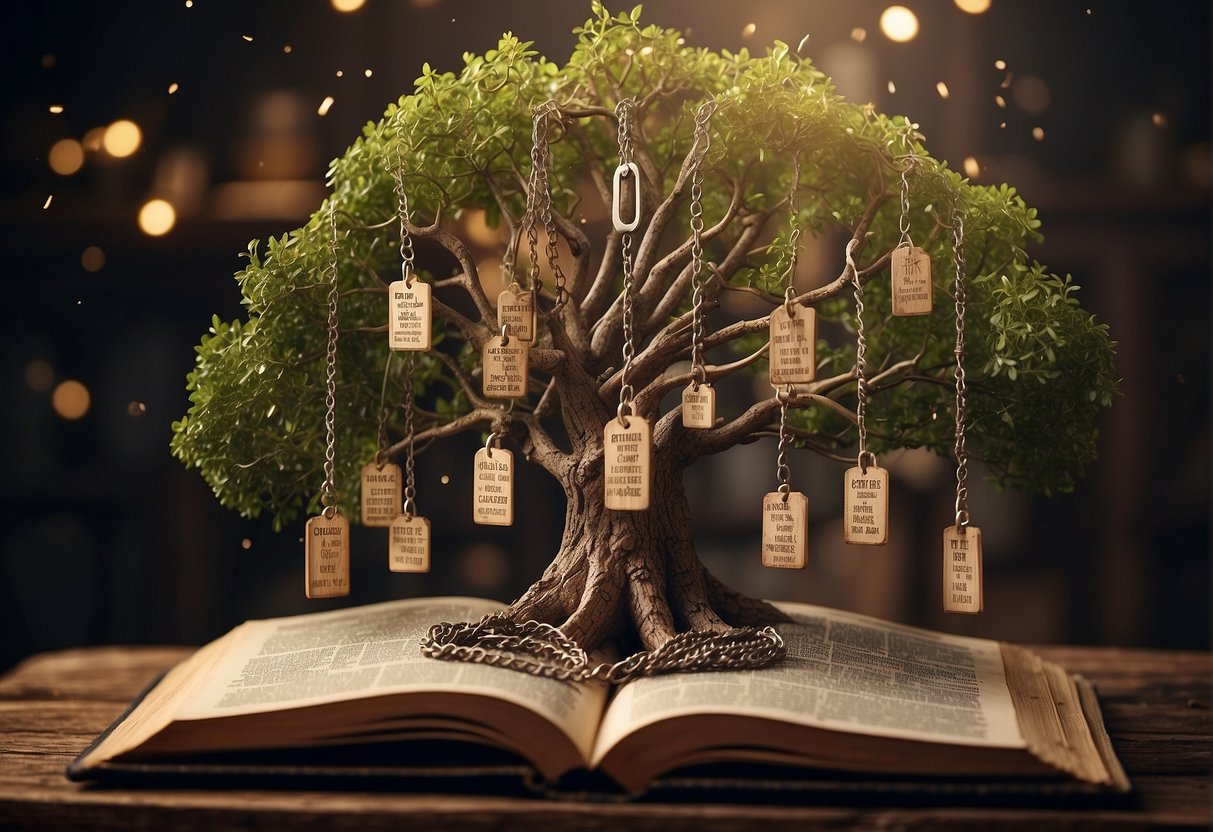 A family tree with chains breaking, surrounded by Bible verses on generational curses