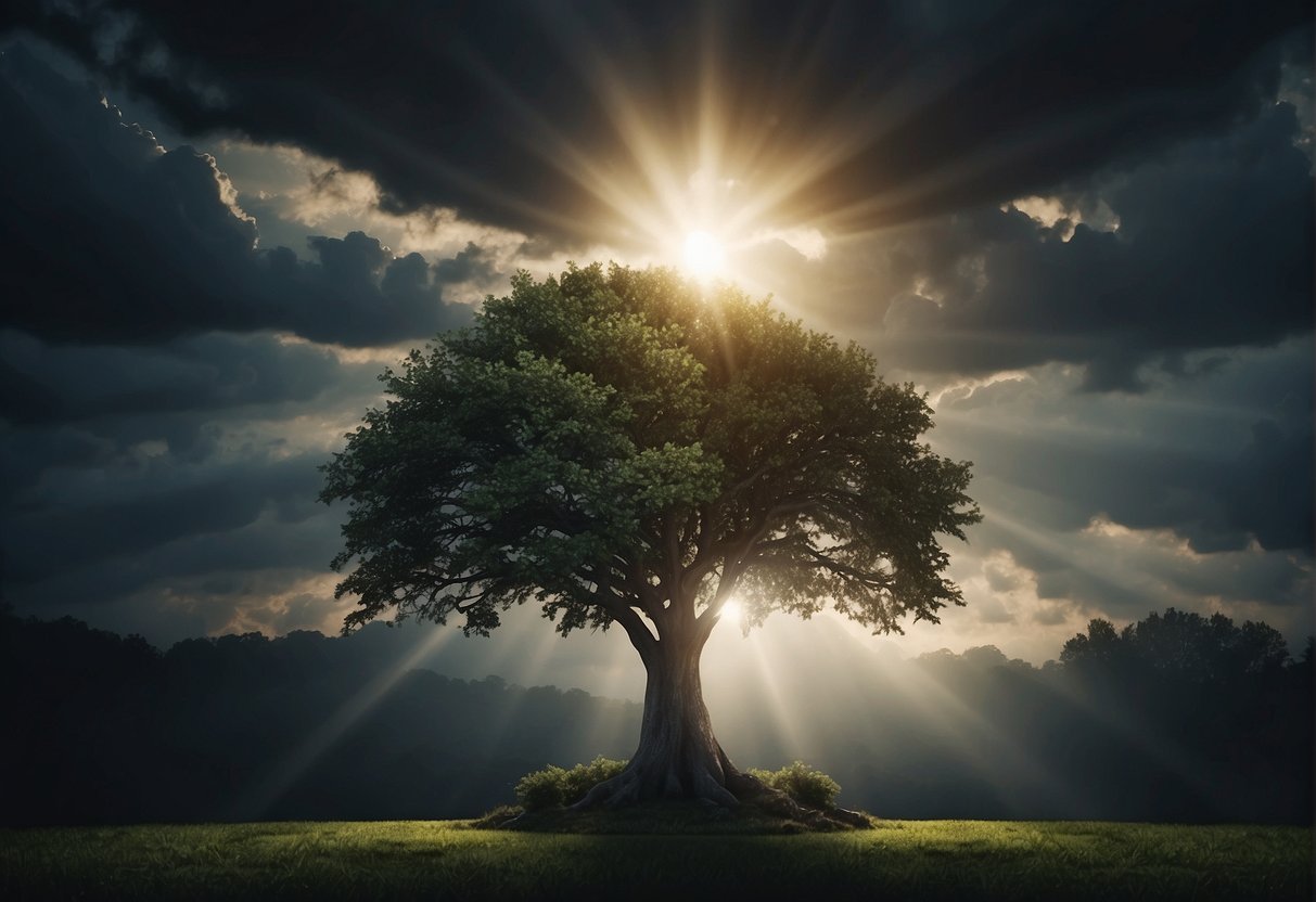 A dark cloud hovers over a family tree, while a beam of light breaks through, symbolizing the power of personal responsibility to break generational curses