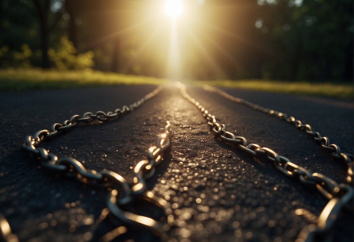 A beam of light breaks through dark clouds, illuminating a path. A chain lies broken on the ground, symbolizing freedom from generational curses
