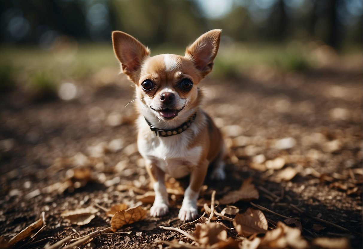 A small chihuahua with missing teeth, surrounded by fallen tiny teeth on the ground