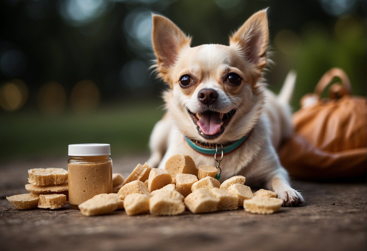 A Chihuahua's teeth falling out, with dental care products and healthy treats nearby
