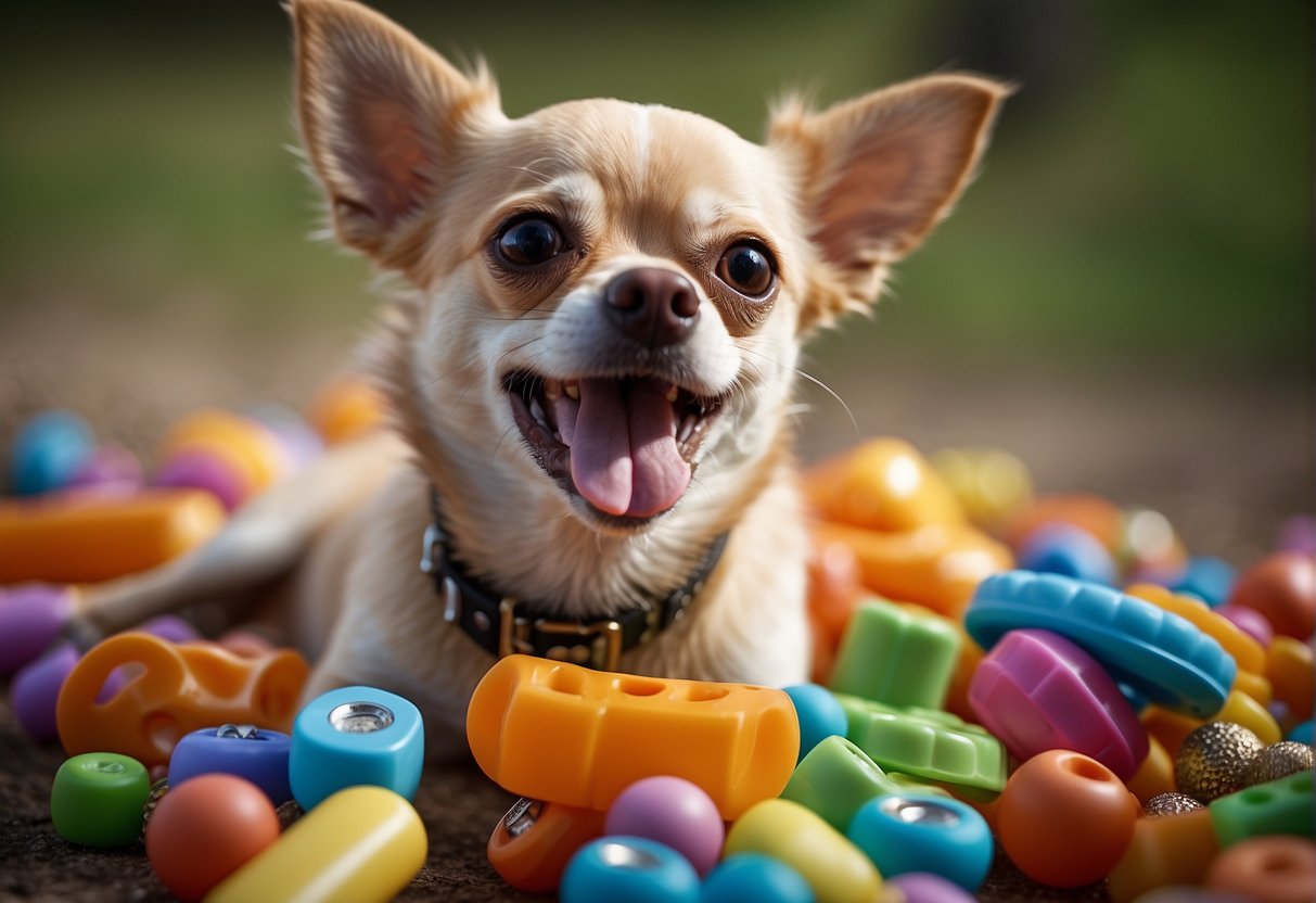 A chihuahua's mouth with small teeth falling out, surrounded by chew toys and a concerned owner