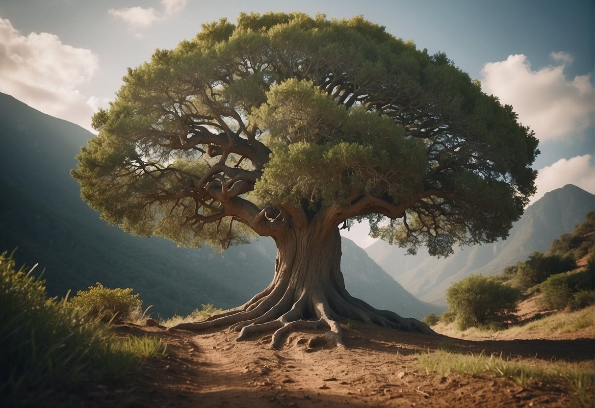 A sturdy tree providing shade for a weary traveler, with roots firmly grounded in the earth, symbolizing the support and strength found in biblical verses