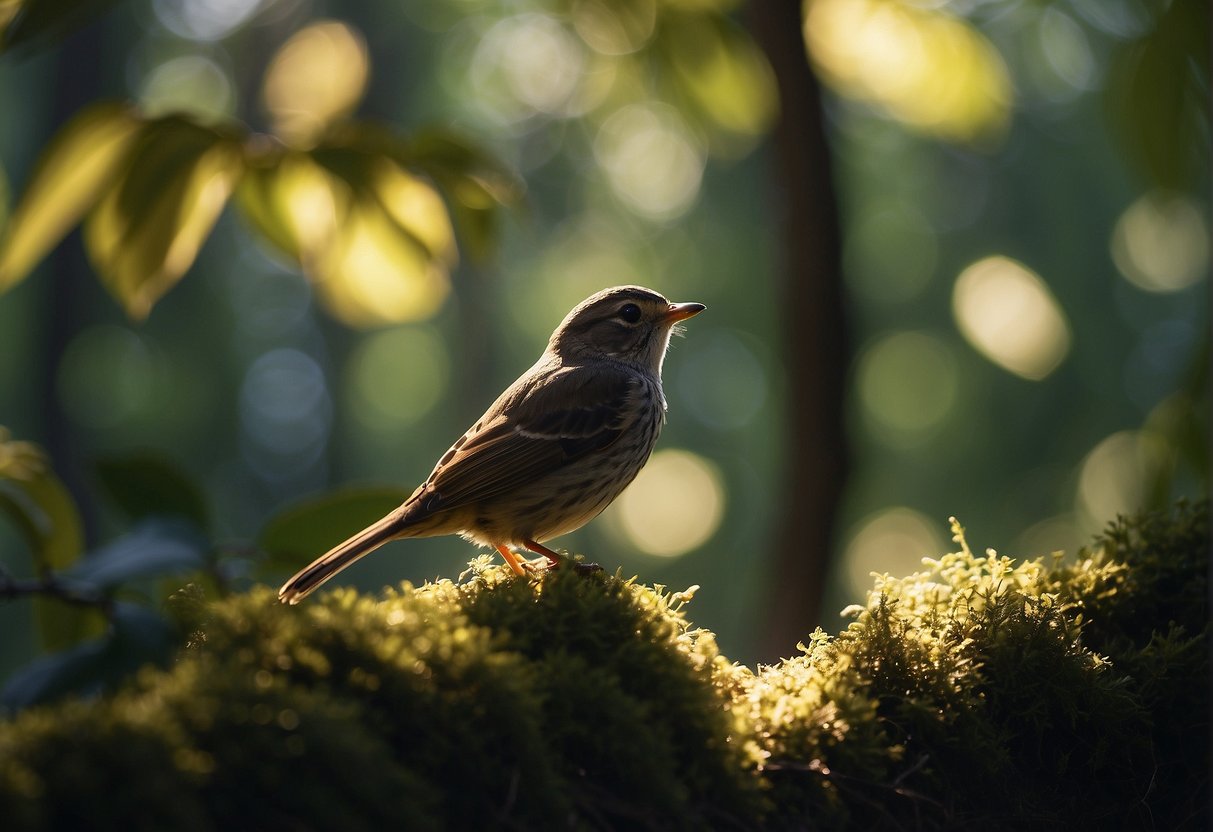 Sunlight filters through the dense forest, casting dappled shadows on the ground. A small bird perches on a branch, surrounded by vibrant foliage. A sense of peace and tranquility emanates from the scene