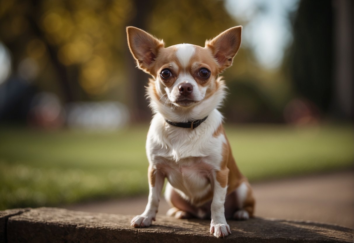 A Chihuahua with droopy ears, sitting with a sad expression, surrounded by other alert and perky-eared Chihuahuas
