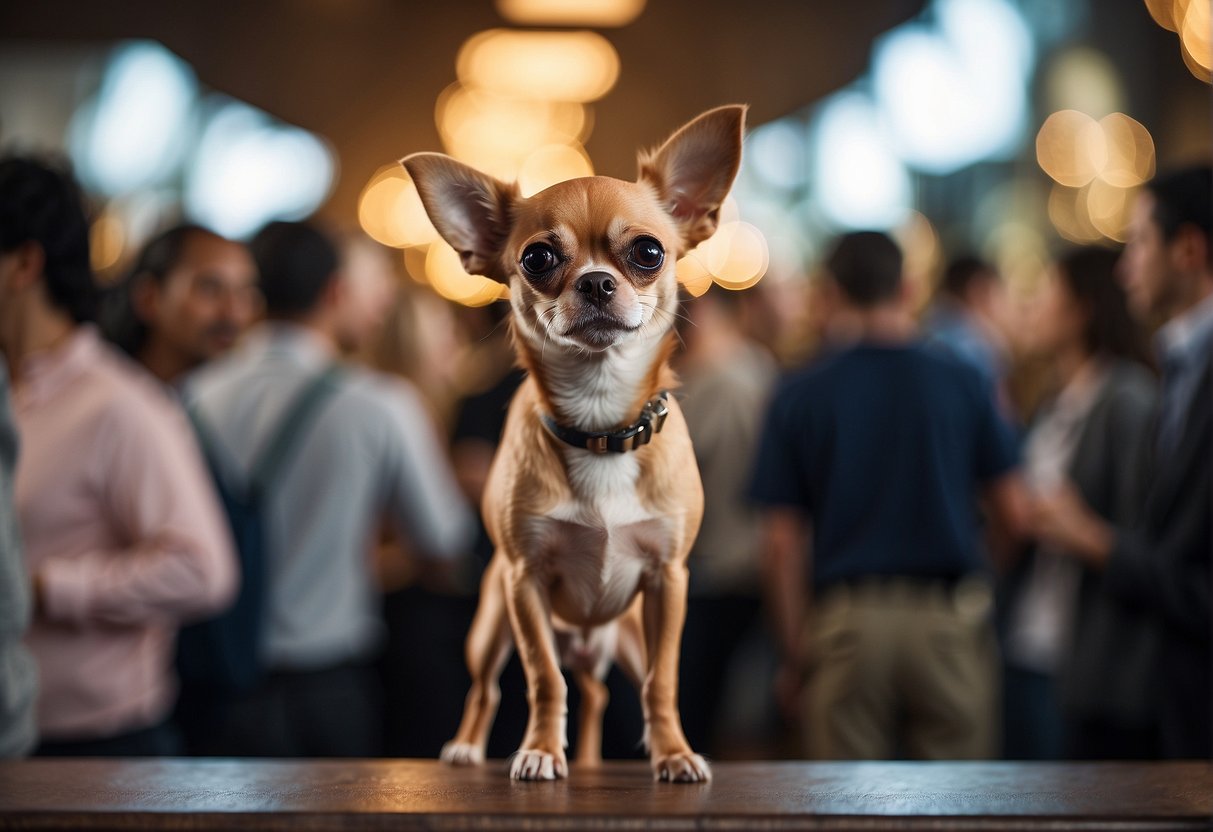 A chihuahua with droopy ears, surrounded by curious onlookers