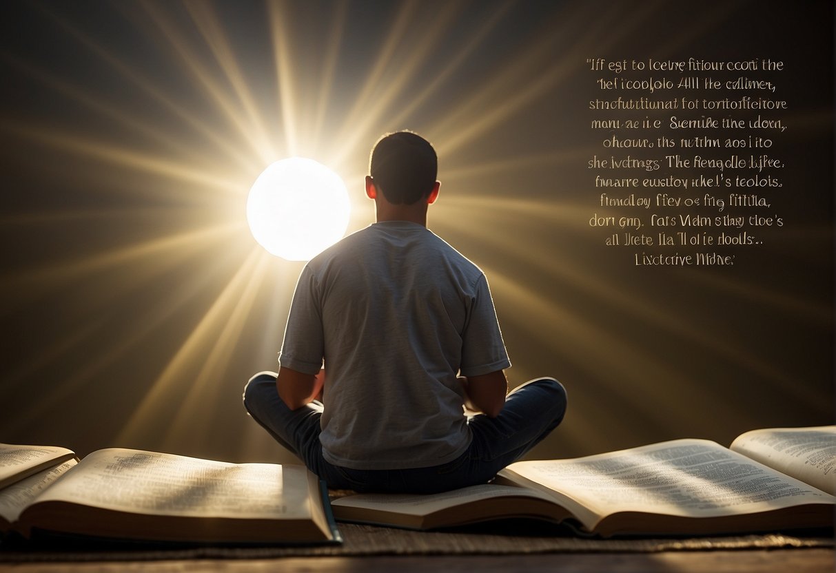 A figure kneeling in prayer, surrounded by uplifting Bible verses, with a radiant light symbolizing God's presence and support