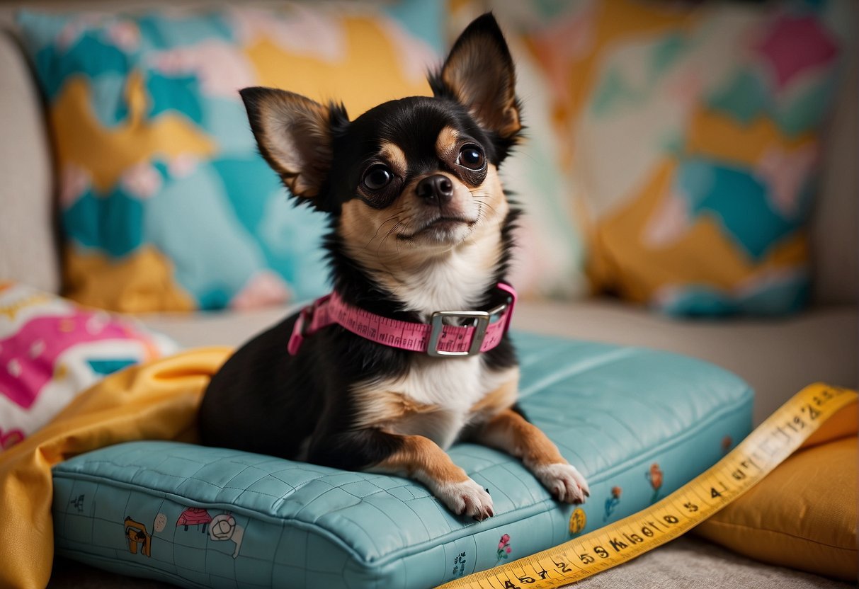A chihuahua sits on a cushion, surrounded by measuring tape and a calendar marking its growth milestones