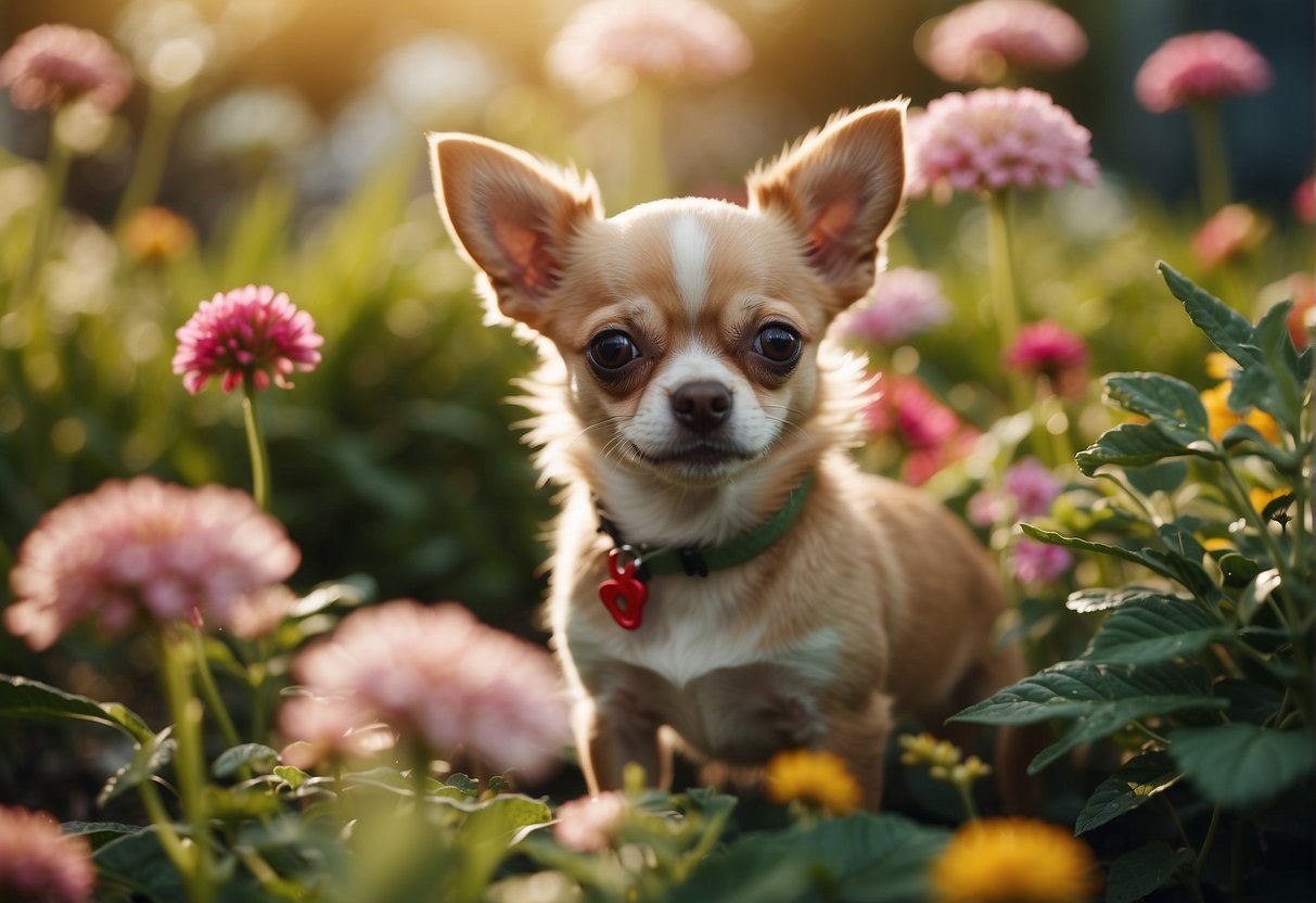 A Chihuahua puppy playing in a green, sunlit garden, surrounded by colorful flowers and butterflies