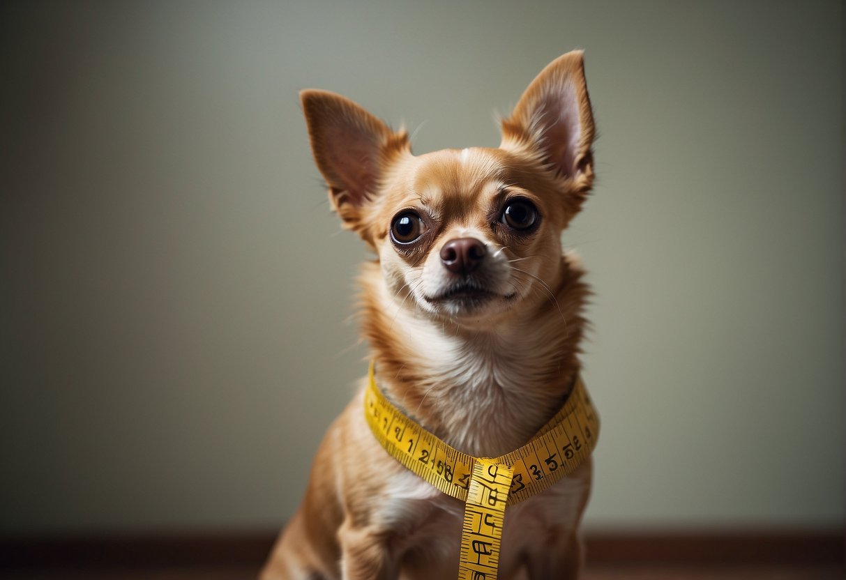 A chihuahua standing on its hind legs, looking up at a measuring tape hanging from a wall, with a puzzled expression on its face